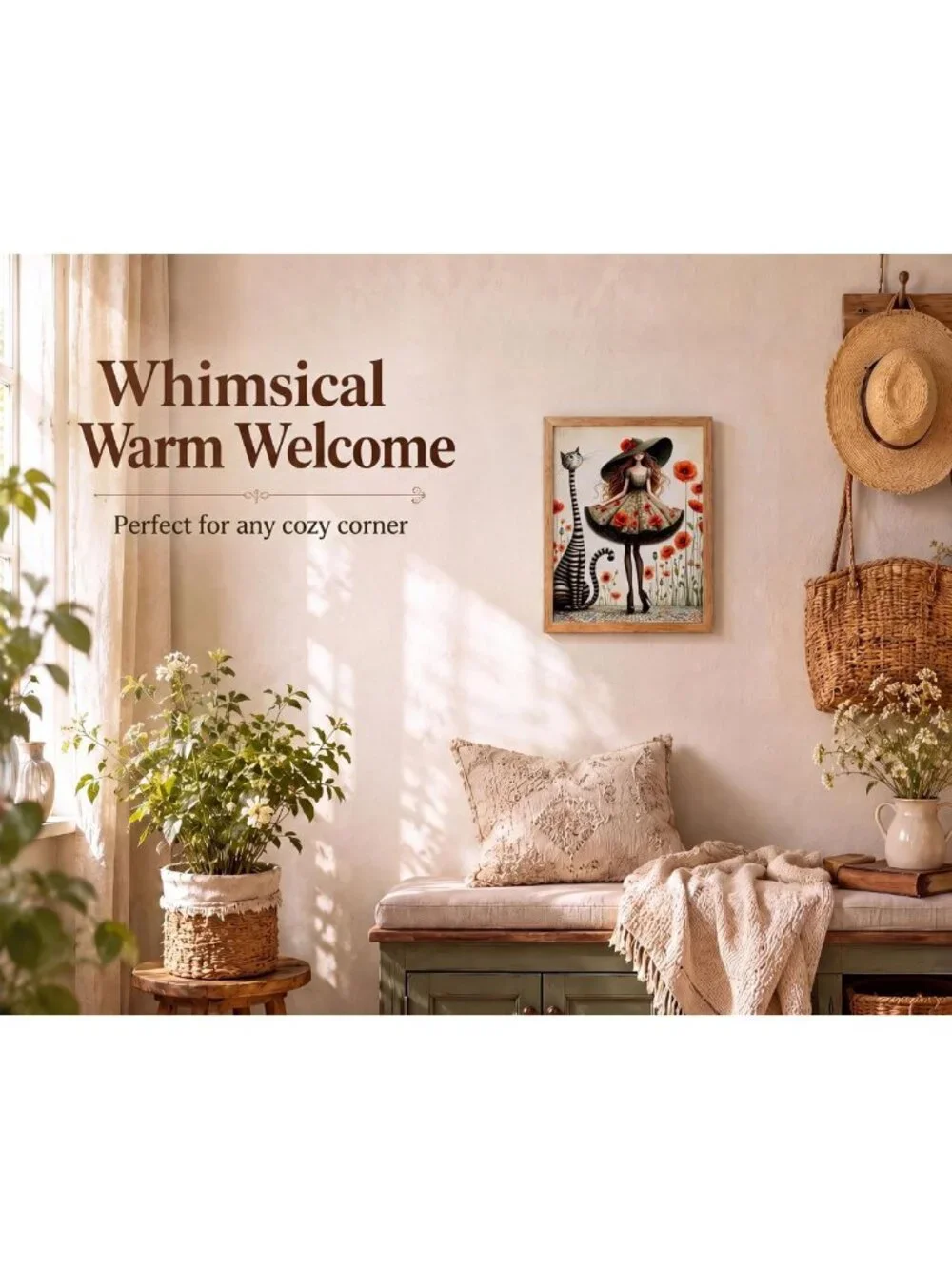 Whimsical Girl & Cat Canvas Wall Art - Brown Solid Wood Frame, 12x16in Decor